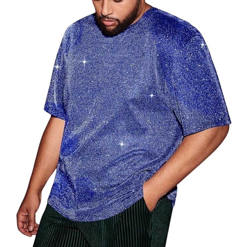 Mens Royal Blue Metallic‎ Glitter Short Sleeve Crew Neck Disco Party Shirt Small